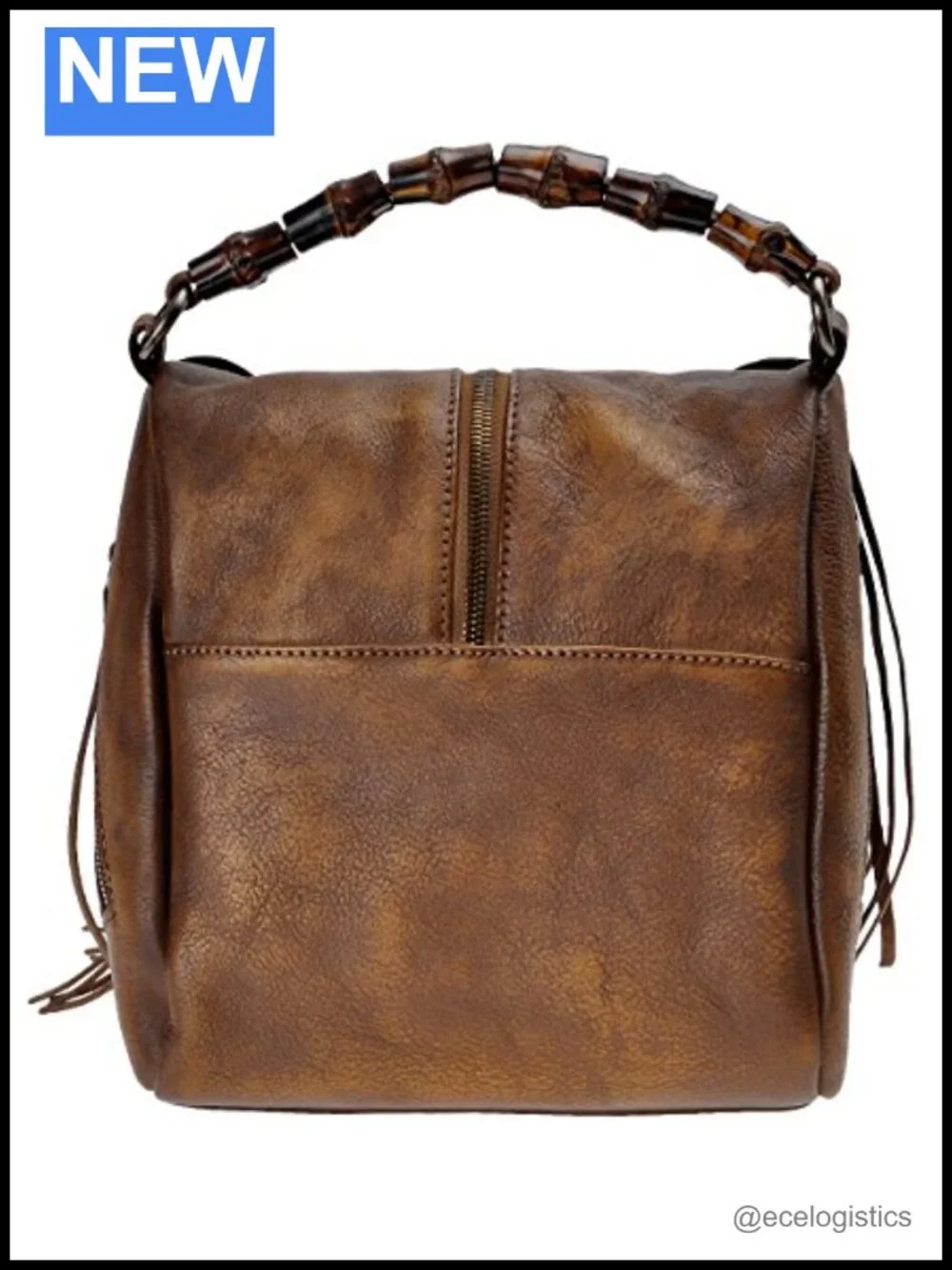 Women Leather Fringe Crossbody Bag Boho Bamboo Handle Studded Handbag